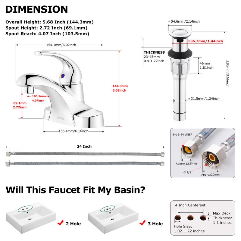 PARLOS Single Handle Mid Arc Centerset Bathroom Sink Faucet with Metal Drain Assembly and cUPC Faucet Supply Lines, Lead-Free, Chrome 13433 - Image 5